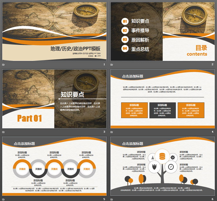 陈旧世界地图与指南针背景的历史PPT课件模板