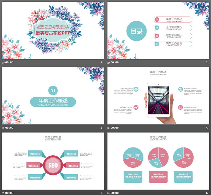 复古艺术水彩花卉PPT模板