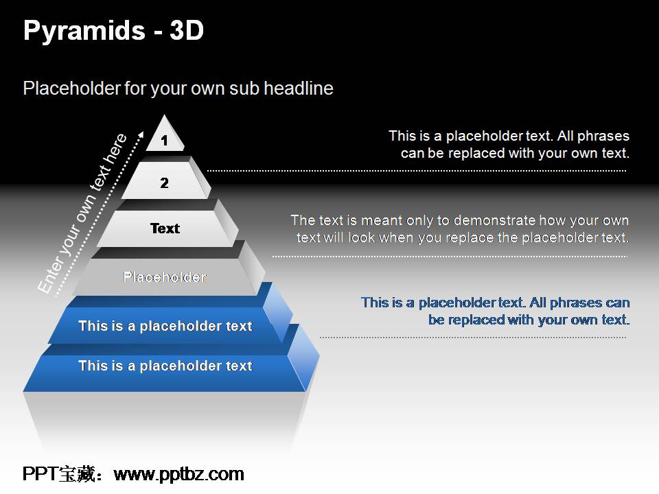 深蓝色唯美3D金字塔表现层级式PPT图表