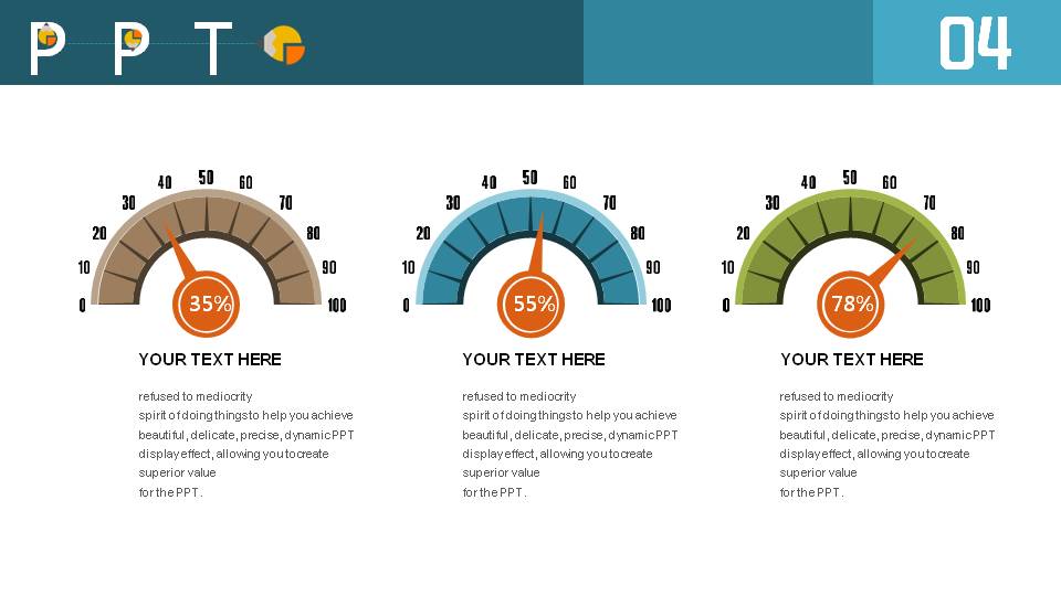 精美汽车速度仪表盘并列关系PPT图表