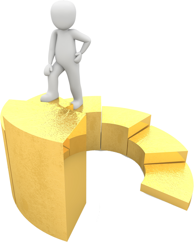 3D小人站在金色的柱形图台阶